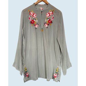 JOHNNY WAS Embroidered Tunic Blouse Top Green Grey Sz S